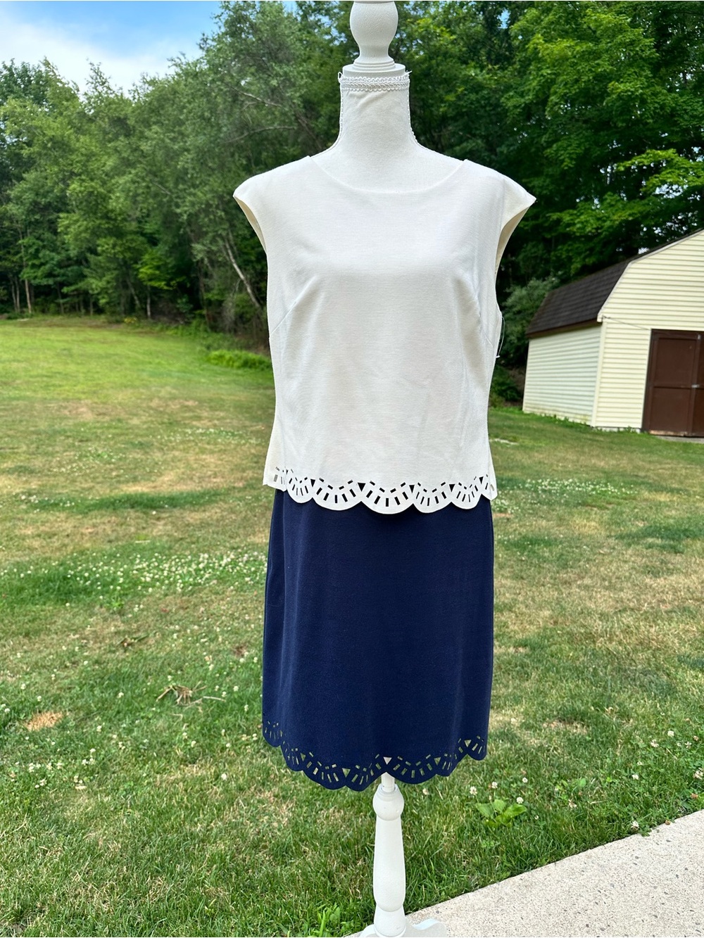 Donna Morgan White Top with Navy Scalloped Skirt